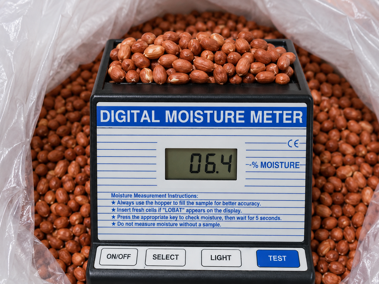 Peanut moisture content testing with digital meter